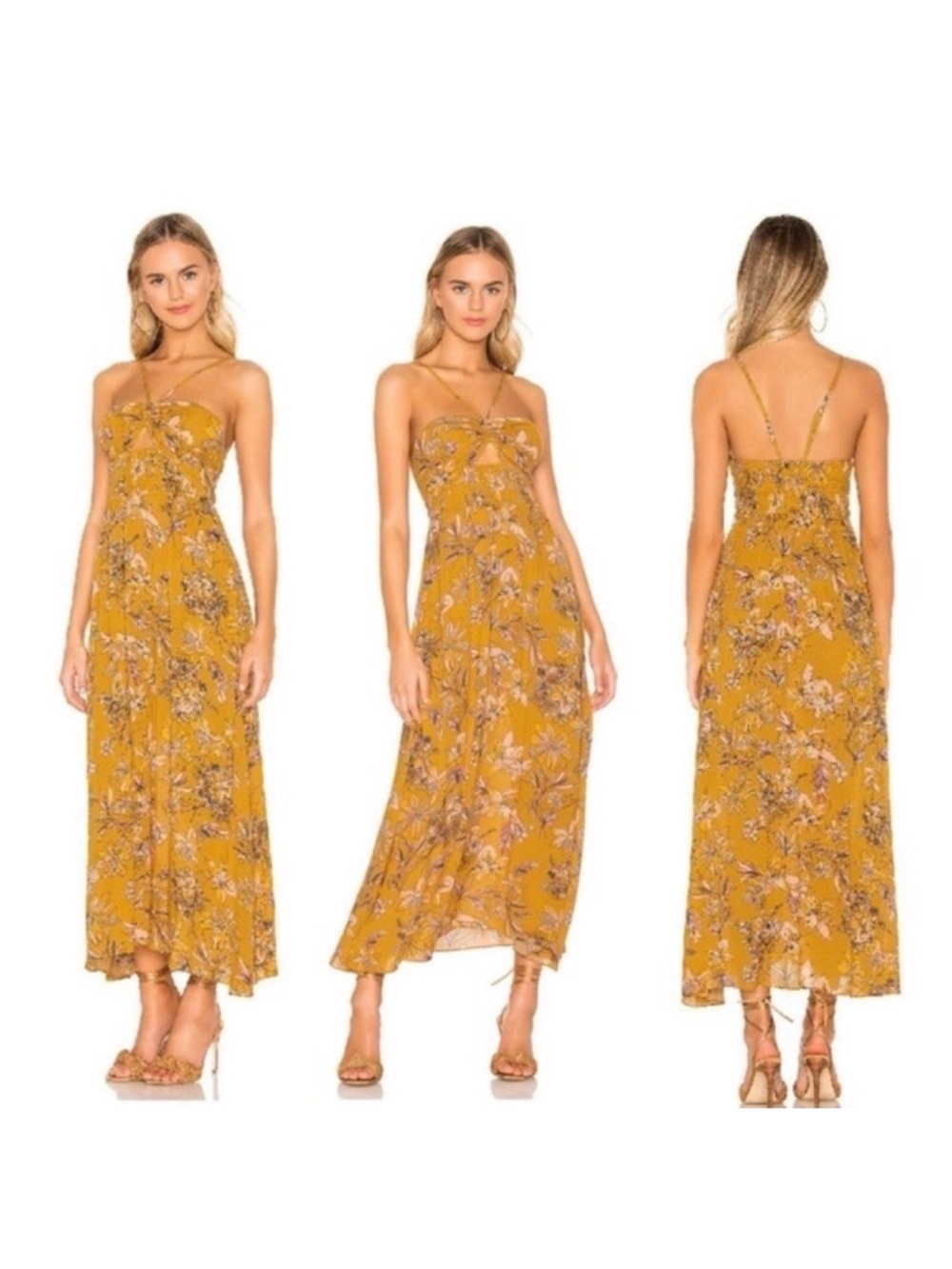 Free People One Step Ahead Maxi Dress in Gold Yellow Floral S Small Cutout